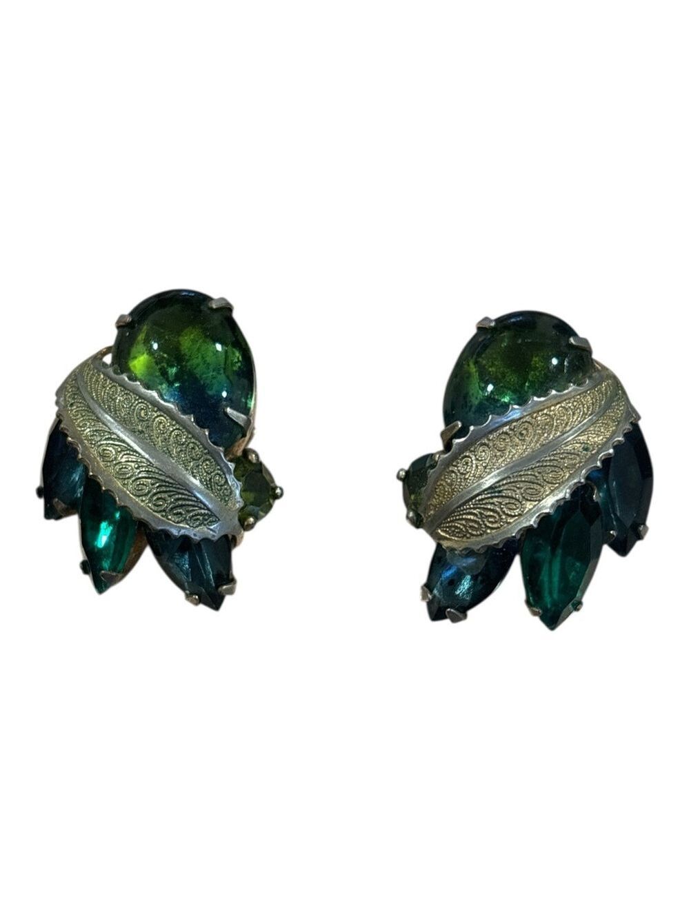 MCM ALBERT WEISS LEAF & BLUE-GREEN WATERMELON & FACETED GEMS NAVETTE EARRINGS